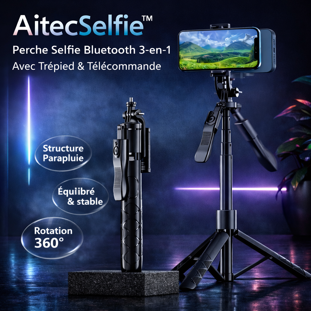 AitecSelfie™ – Perche Selfie Bluetooth 3-en-1 avec Trépied & Télécommande