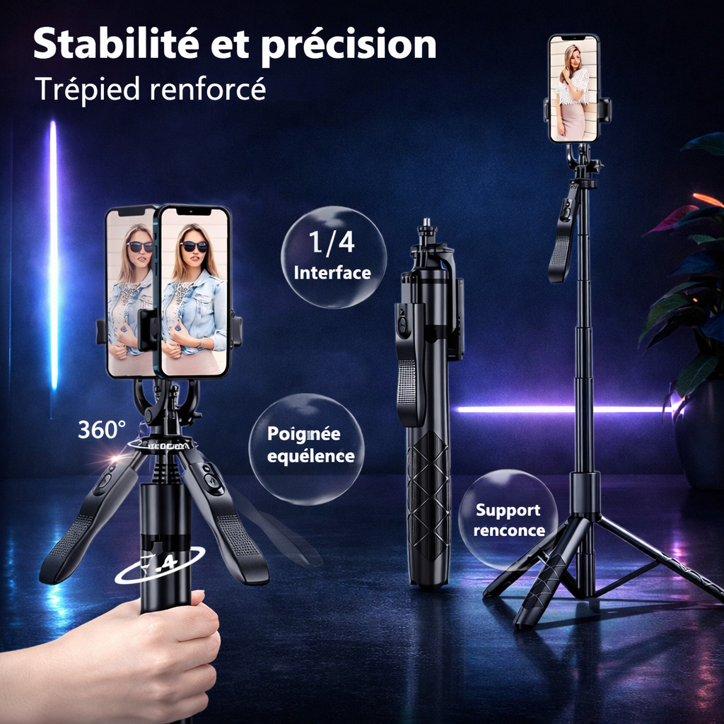 AitecSelfie™ – Perche Selfie Bluetooth 3-en-1 avec Trépied & Télécommande